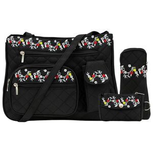 Gold Coast Floral Embroidered Quilted Microfiber Handbag Accessory Set in Black